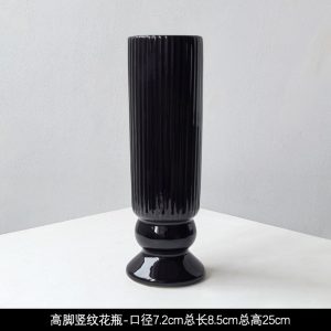 LIVETAI Tall Footed Ribbed Vase — Glossy Black