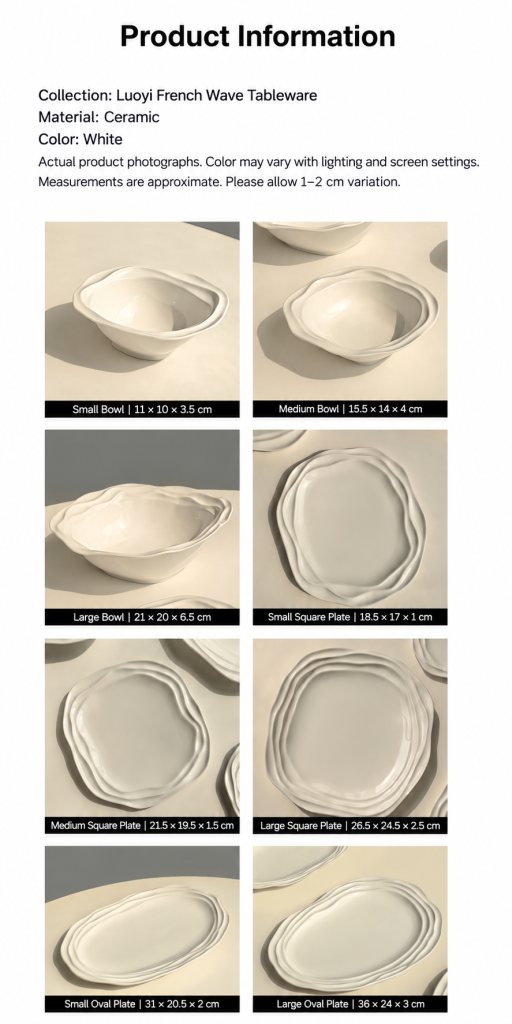 Luoyi French Wave collection reference and product size guide; other pieces sold separately.