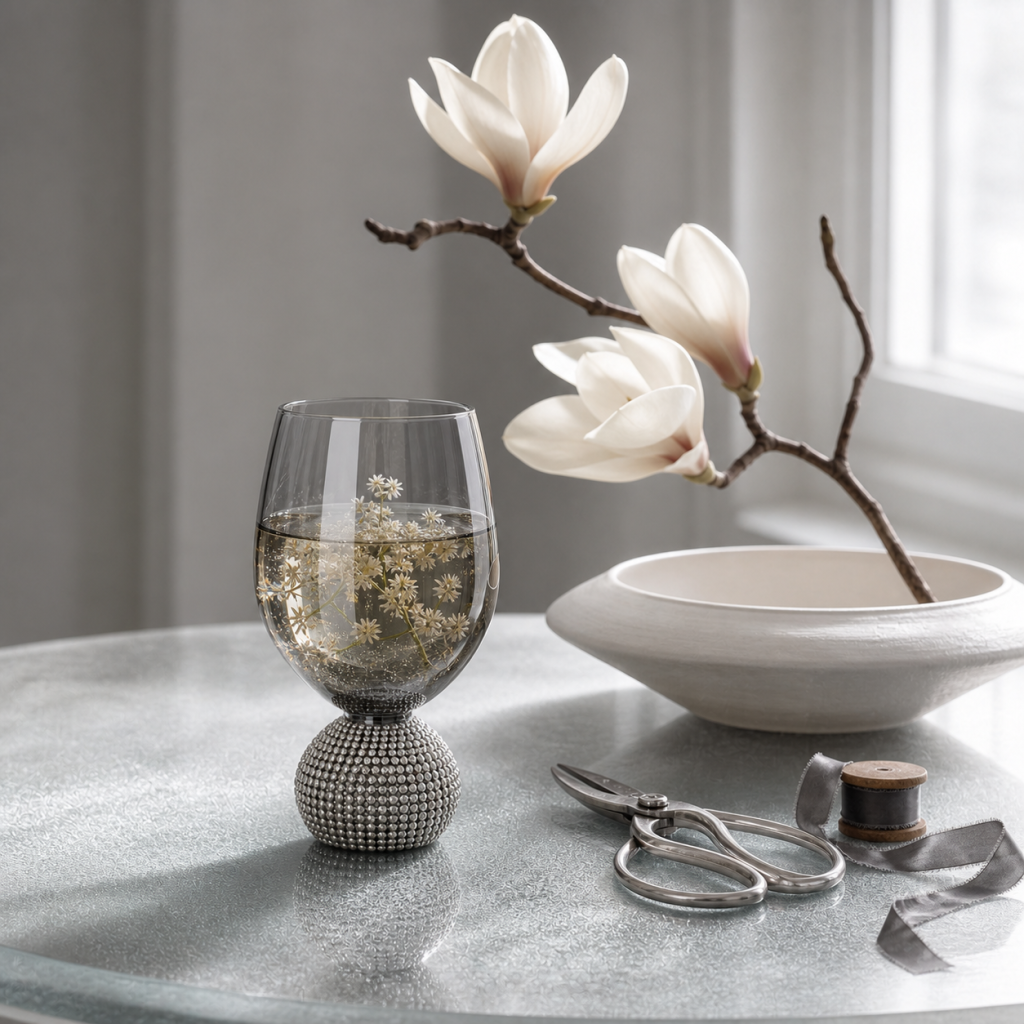 Decorative glassware in a softly lit floral setting